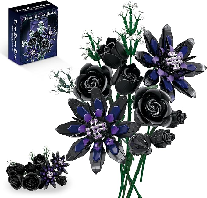 Flower Bouquet Building Set 12 Gothic Black Rose and Lotus Botanical Collection Building Block Toy Compatible with Lego Flowers for Adults Women Home Decor Gift for Valentine Mother's Day