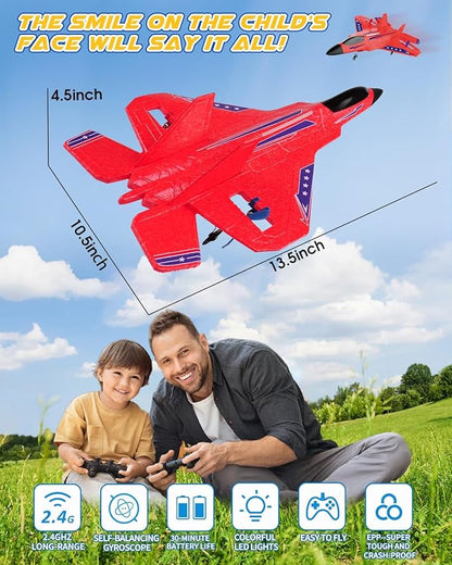 F22 RC Airplane 2.4GHz Remote Control Jet with Gyro Stabilizer LED Lights 2 Batteries Easy to Fly for Kids Boys Adults Beginners (Red)