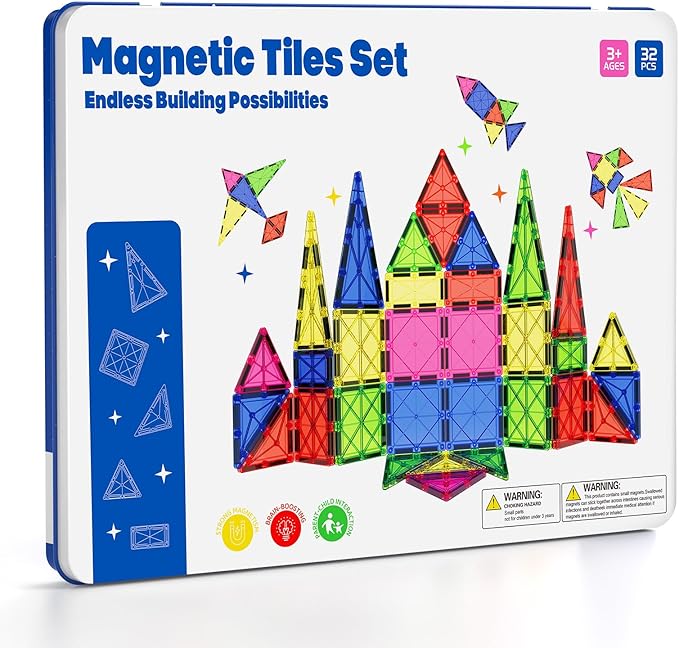 Jumbo Magnetic Tiles with Secure Metal Case 32 Pcs Large Magnetic Building Blocks for Kids 3-8 STEM Toys for Toddlers Preschool Learning Montessori Toys Age 3+ Boy Girl Gift