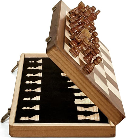 Magnetic Wooden Chess Set 2 Extra Queens 15'' Folding Portable Travel Chessboard with Chess Pieces Storage Slots for Professional Tournament Beginner Adults Kids 6 up Age DUR-001