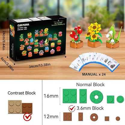 24 Pack Flowers Succulents Building Set - 2160PCS Botanical Collection 3.6MM Mini Flower Kit for Home Office Décor Plant Blocks Toy Easter Party Favors Gifts for Adults Women Kid 10+