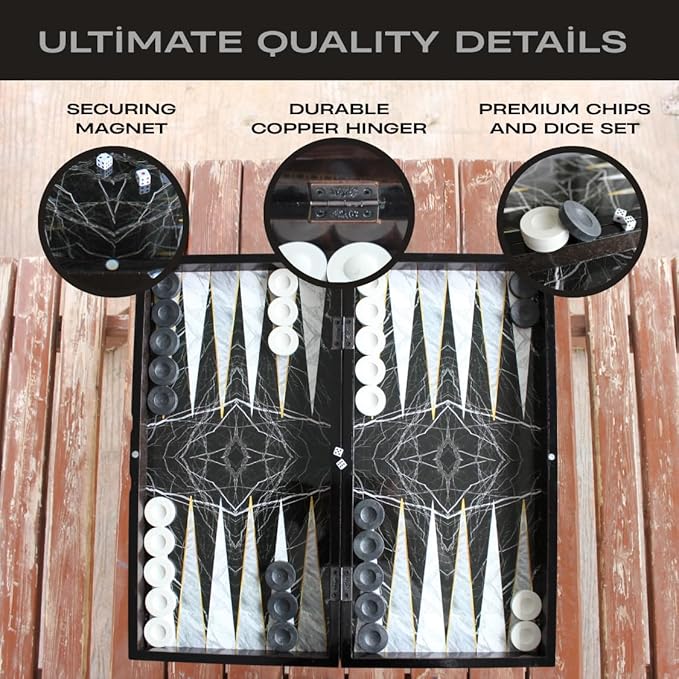 Park&ampOz Premium Turkish Backgammon and Checkers Set 19 Inch Handmade 2 in 1 Wooden Board Game with Glossy Finish Luxury Checkers and Dice Travel Friendly and Foldable (Black Marble)