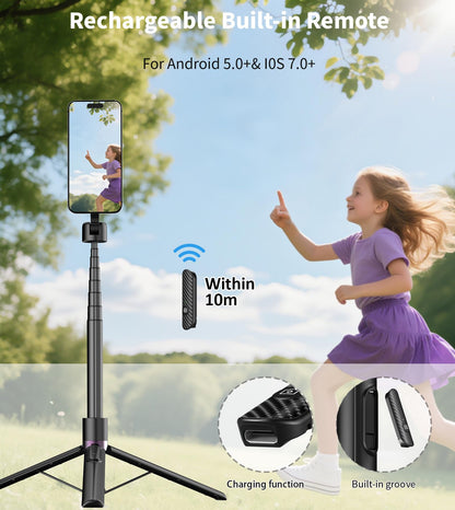 TONEOF 68" Magnetic Selfie Stick Tripod with Aluminum Strong Magnetic Holder for Magsafe, 360° Rotatable Travel Phone Tripod Stand with Metal Ring & Rechargeable Remote for iPhone/Android(Beige Gray)