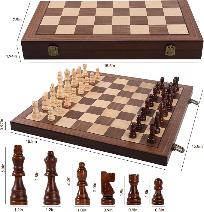 Magnetic Wooden Chess Set 15'' Folding Chess Board Portable Travel Chess Set Games with Chessboard Bag Beginner Chess Set for Tournament Professional Beginner