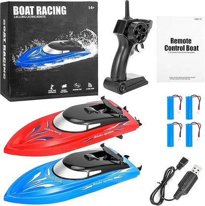 2PACK RC BoatRemote Control Boats for Kids and Adults10km/H 2.4G High Speed Remote Control BoatFast RC Boats for Pools and Lakes with 4 Rechargeable Battery.(Blue+Red)
