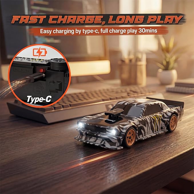 [4WD Edition 1/43 Scale Mini RC Drift Car Toys for Age 8-14 Old Birthday Gifts High Speed Racing Micro Small with Full Proportional RTR 2.4GHz Remote 2 Tire Sets 8 Cones - Camouflage