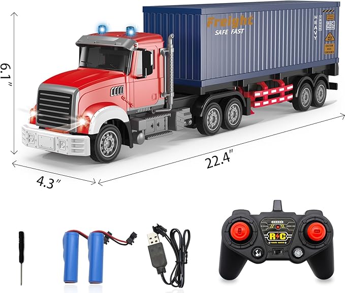 Mostop RC Semi Truck with Trailer - 22.5 Inch Remote Control Semi Truck Toy for Kids 1:24 Scale Container Truck with 2 Batteries Carrier Van Transport Vehicle with LED Light &amp MusicGreat Gift