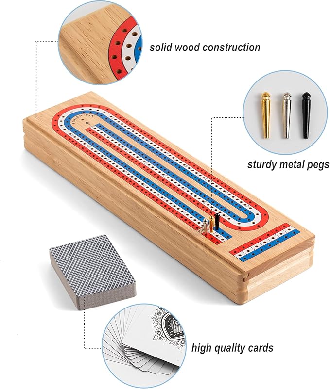 Cribbage Board Game Set with Large Storage Area Solid Wood 3 Track Cribbage Board 9 Metal Pegs 2 Playing Cards and Instruction. Portable Travel Board Game for All Ages.