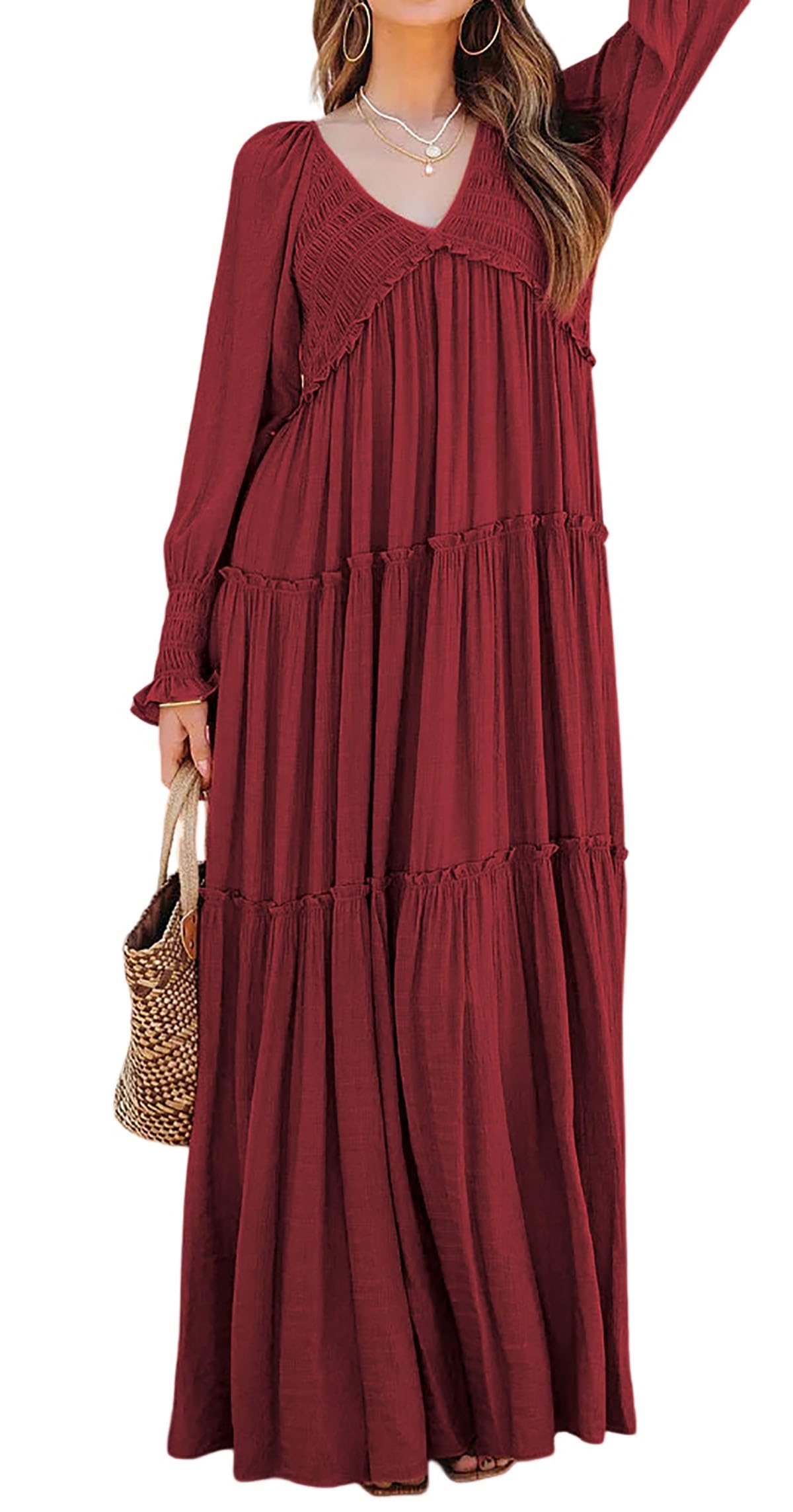 R.Vivimos Maxi Dress for Women Long Sleeve V Neck Empire Waist Layered Ruffle Boho Casual Flowy Long Dresses