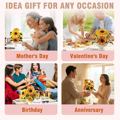 SameTech Sunflower Building Blocks Set with Vase Botanical Collection Artificial Flowers Table Centerpiece for Adults Home Office Decor/Valentine/Mother's Day/Thanksgiving/Easter/Birthday Gifts