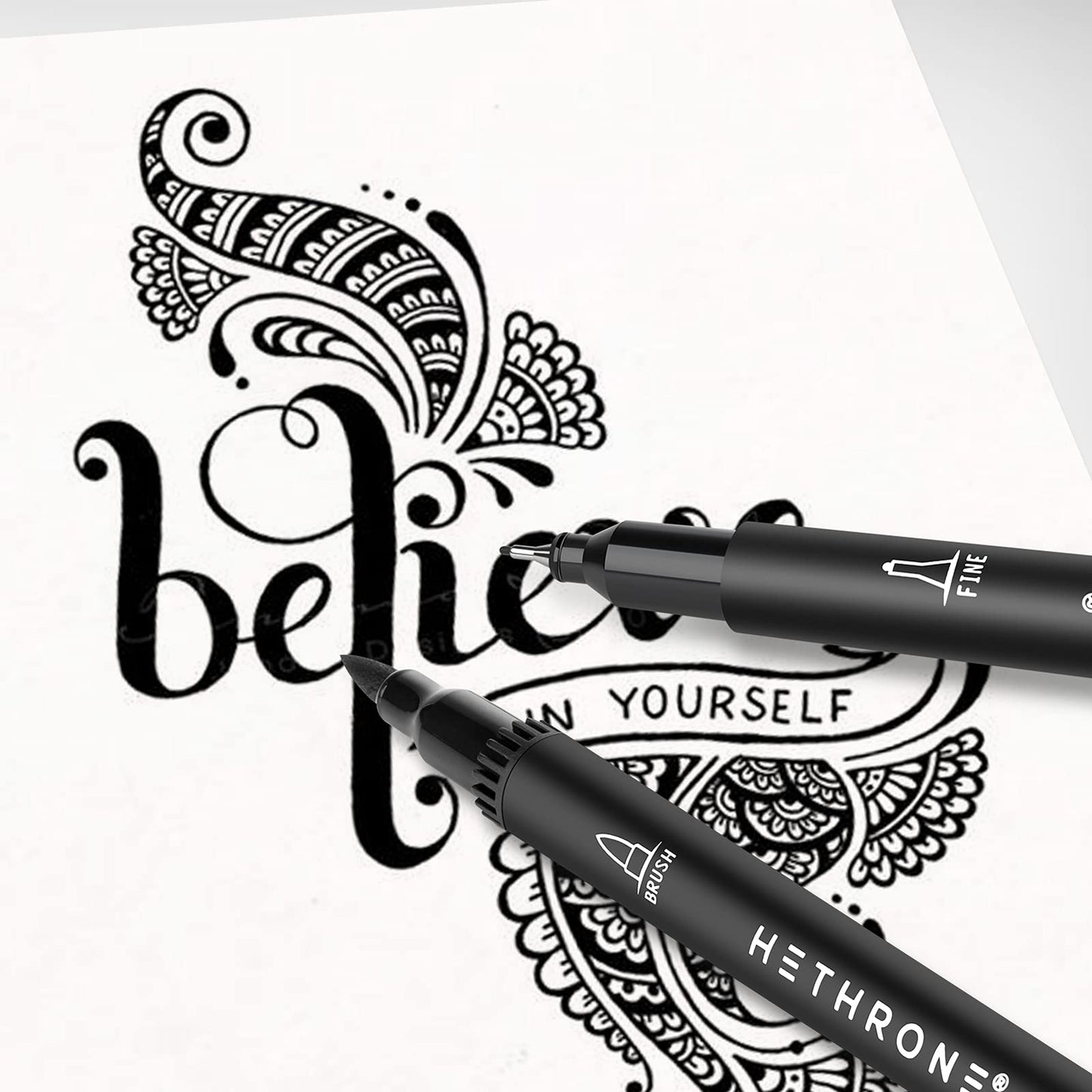 Hethrone Black Markers for Drawing - Brush Pens with Felt Tips for Artists - Calligraphy Pens, 12 Pack