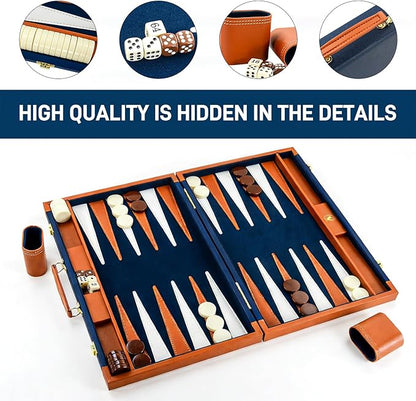 Backgammon Sets for Adults Large Backgammon Board Games Set 17.5 Inch Premium PU Leather Backga mon Game Portable Backgammon Case for Travel Classic Board Strategy Game Gifts Dark Blue