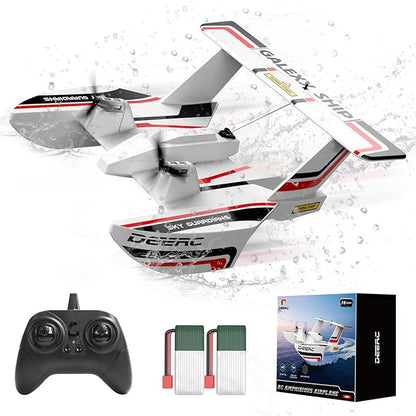 DEERC RC Plane for Water Land &amp Air Amphibious Tri-Phibian Aircraft 3CH Remote Control Plane W/ 2 Batteries 2.4GHz RTF Airplane Glider for Boy Girl