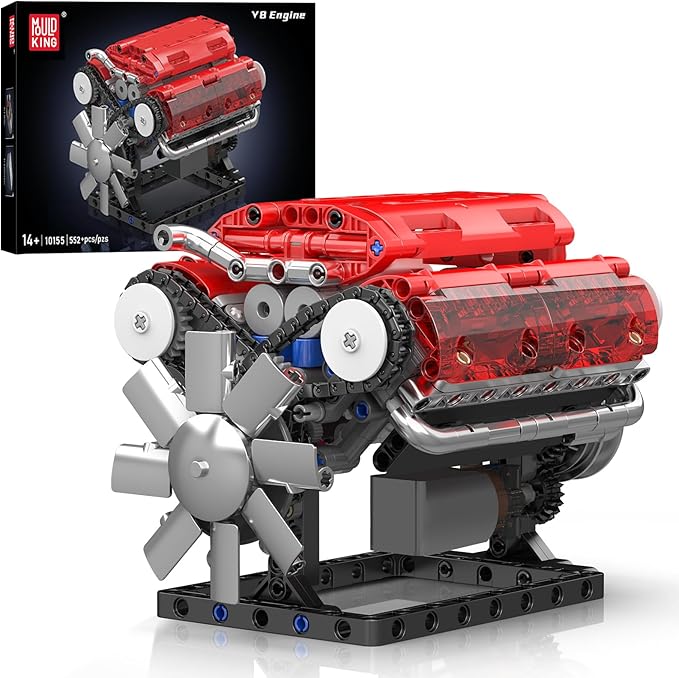 Mould King V8 Engine Building Blocks Sets 10155 Model Engines Kit That Runs 8-Cylinder Sports Car Engine Build Kits for Adults with Battery and Motor Construction STEM Toy(552 Pcs)