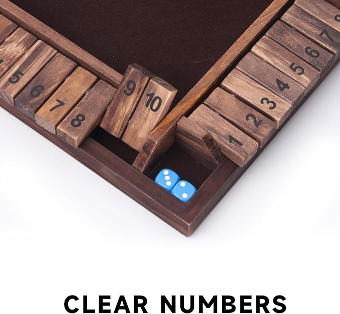 GSE Games &amp Sports Expert 1-4 Player Wooden Shut The Box Dice Board Game with 8 Dice. 4-Way 10 Numbered Shut The Box Set of Popular English Pub Board Game - Walnut