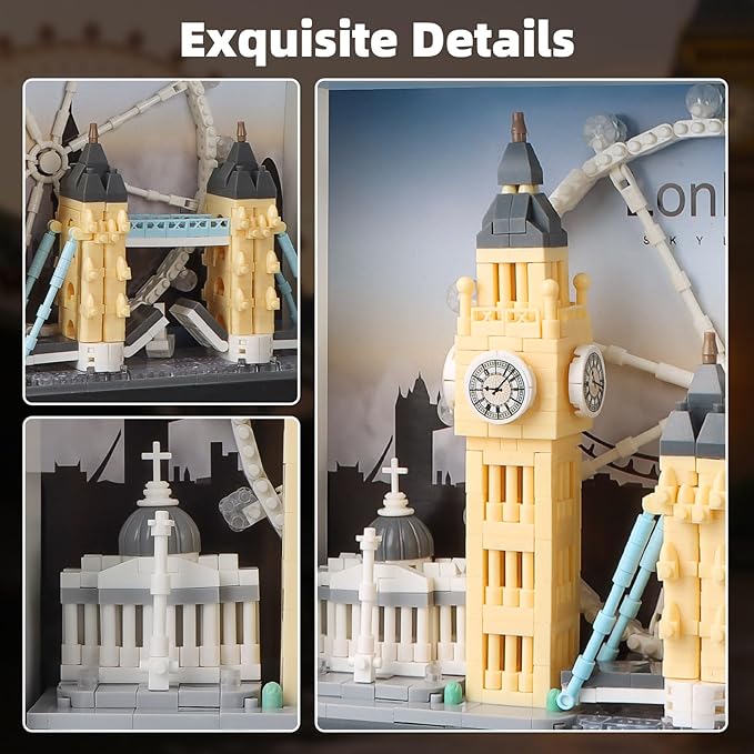 London City Skyline Micro Building Set World Famous Architecture Model 3D Wall Art Home Office Décor Display Landmarks London Bridge Gift Toy for Adults Kids 12+ (1111PCS)