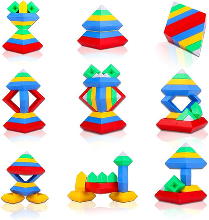 Slyder Set: 60 Pieces 3D Pyramid Building Blocks Geometric Stacking Toys for Kids Ages 4+ - Creative Early Childhood STEM Educational Toys for Preschool Boys and Girls