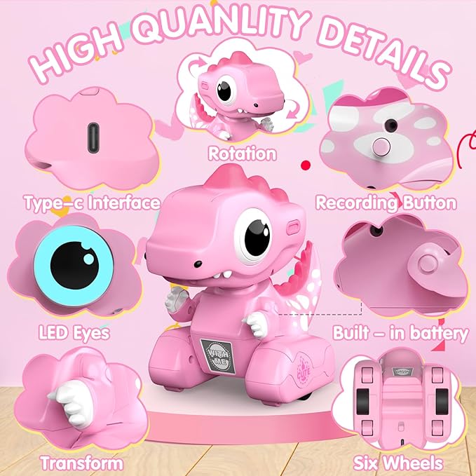 Remote Control Car Pink Dinosaur Toy 2.4GHZ Remote Control Girls Dinosaur Toys Pink RC Drifting Car Recording and Repeating LED Lights Eyes Music RC Cars Toys for Kids Boys Birthday Gift