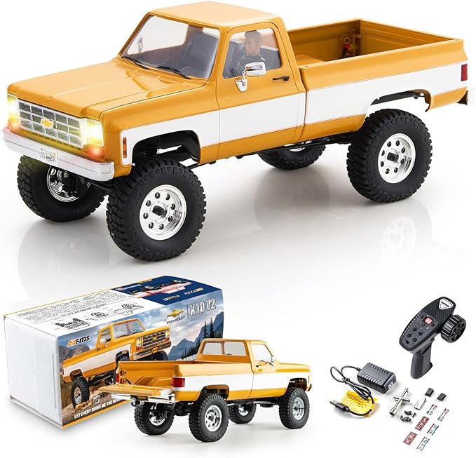 BEEZRC FMS 1/18 RC Crawler FCX18 Chevy K10 RC Truck RTR RC Car Official Licensed Model car 8km/h 4WD 900mAh Hobby RC Cars Remote Control Car with LED Lights Vehicle 4-Ch 2.4GHz Transmitter(Yellow)