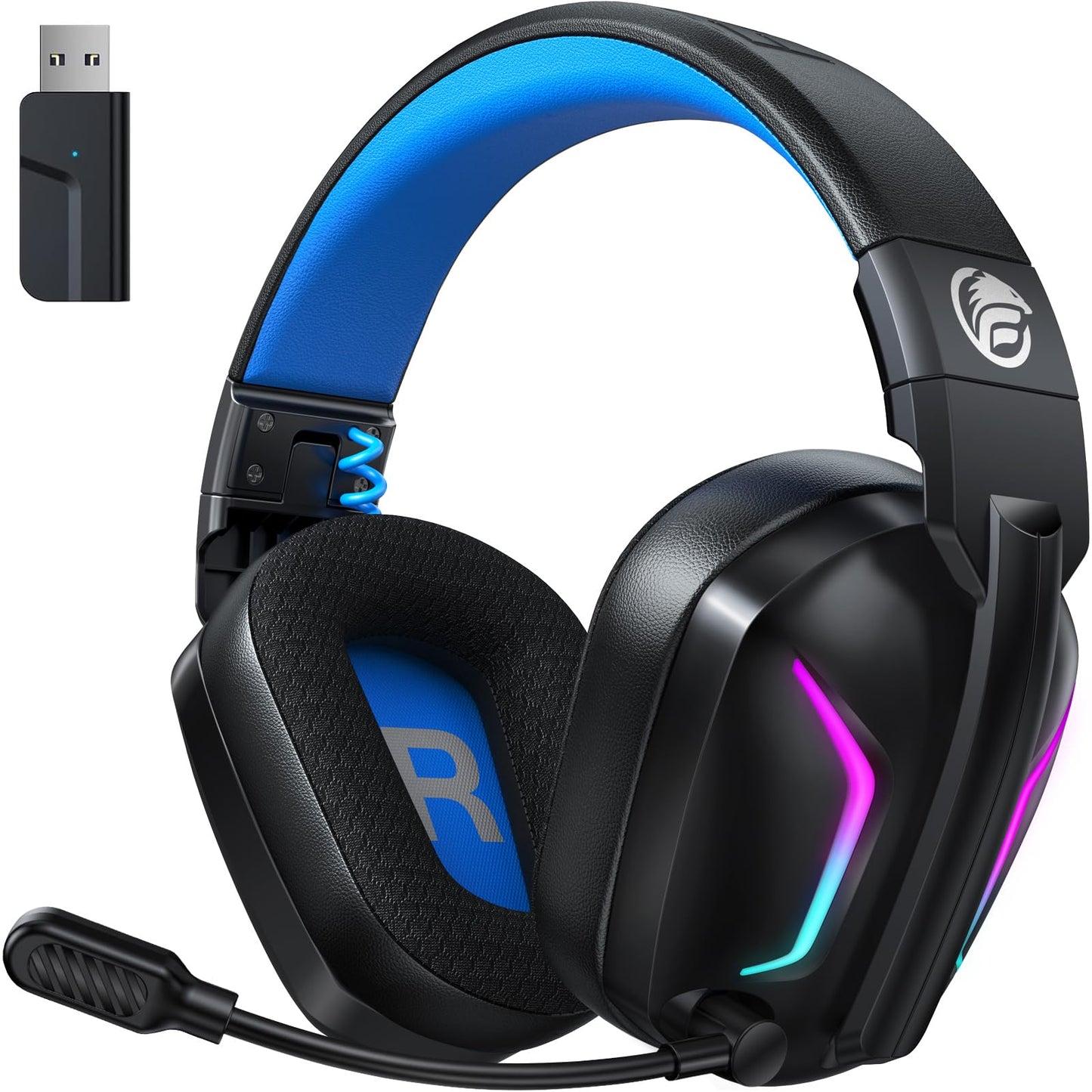 Fachixy Wireless Gaming Headset with Microphone for PC, PS5, PS4, Bluetooth Gaming Headphones - Fast Charge 50Hr Battery, Cool LED Lights for Switch, Laptop, Mobile, Mac 2.4GHz Gamer Headset