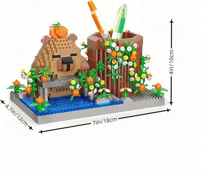 Reading Cute Capybara Desktop Decor - Micro Mini Building Block Toy Pen Holder Animal Style with Flower Perfect as a Gift Representing Love for Learning