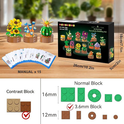 HOGOKIDS 15 Pack Flowers Succulents Mini Building Set for Adults Kids - 1314PCS Flower Plant Botanical Collection 3.6MM Bricks Toys Home Office Décor Easter Gifts for Women Boys Girls Age 6+
