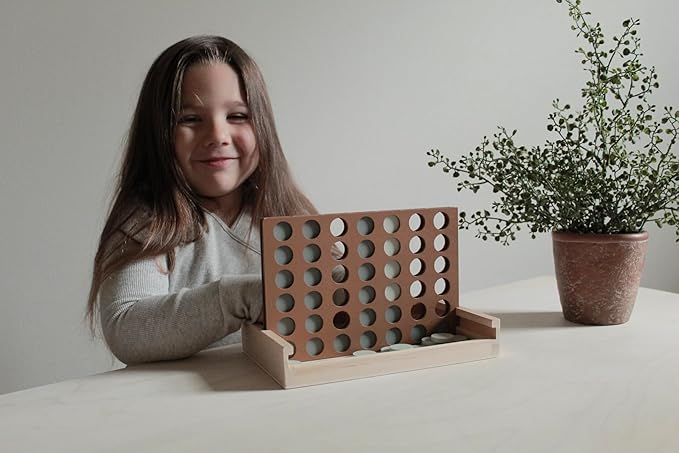 Neutral Wooden Four in a Row Game Aesthetic Two Player Montessori Travel Board Game for Kids and Adults Perfect Coffee Table Decor and Housewarming Gift -White Elephant Gift (Neutral Blue)