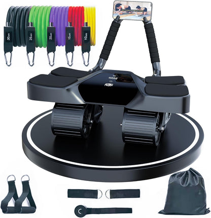 2025 New 4-Wheel Abdominal Roller with Elbow Support : Latest Upgraded High-Performance Exercise Machine With Automatic Rebound, Multi- layered Anti-Slip Design with Calorie Counting LCD Screen