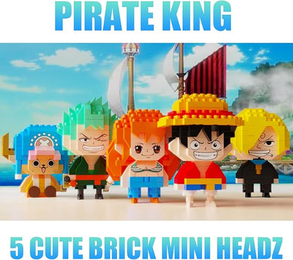 5 Pirate Figures Brick Mini Headz Building Toy 5 Cute Main Straw Hat Crew Pirate Figures Characters Merch Piece One Micro Blocks Set Ideal Valentine's Day Gift for Fans Adult Teen 14+ (1025PCS)