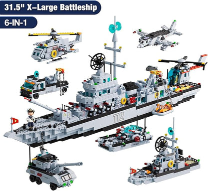 Battleship Building Set for Boys 8-14 6-in-1 Military Boat and Ship Navy Warship Toys Model Kits Construction Birthday for Adults Men Teens Age 8-1214+ (1456+ PCS)