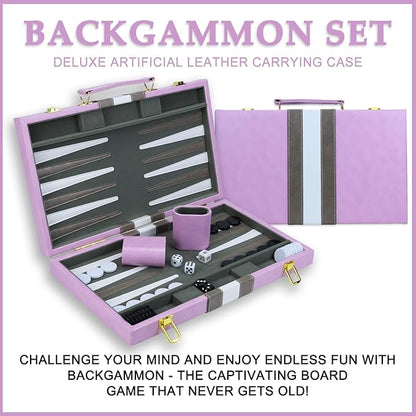Backgammon Sets for Adults 15 inch Backgammon Purple Sets Classic Board Game with Premium Leather Case Portable Travels Strategy Backgammon Game Set for Adults Kids (Purple)