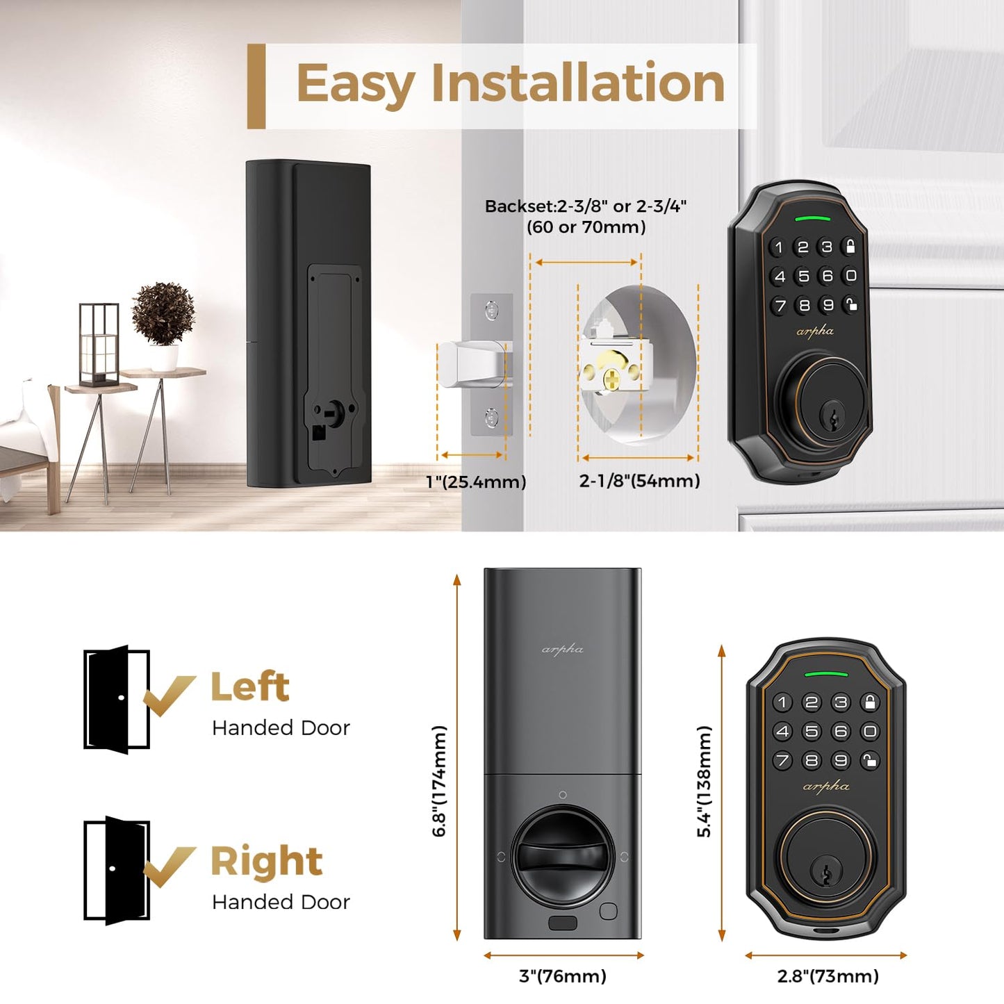 Arpha Keyless Entry Door Lock, WiFi Smart Keypad Front Door Deadbolt, Supports Amazon Alexa Voice Control, Google Assistant, Online App Control, Anti-Peeping Password, One-Time Code, Auto Lock