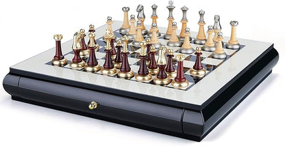 AMEROUS 16 Inches Wooden Chess Set Large Size Board with 2 Built-in Storage Drawers - 2 Extra Queens - Metallic &amp Wooden Chess Pieces - Gift Packaging Board Games for Adults and Kids