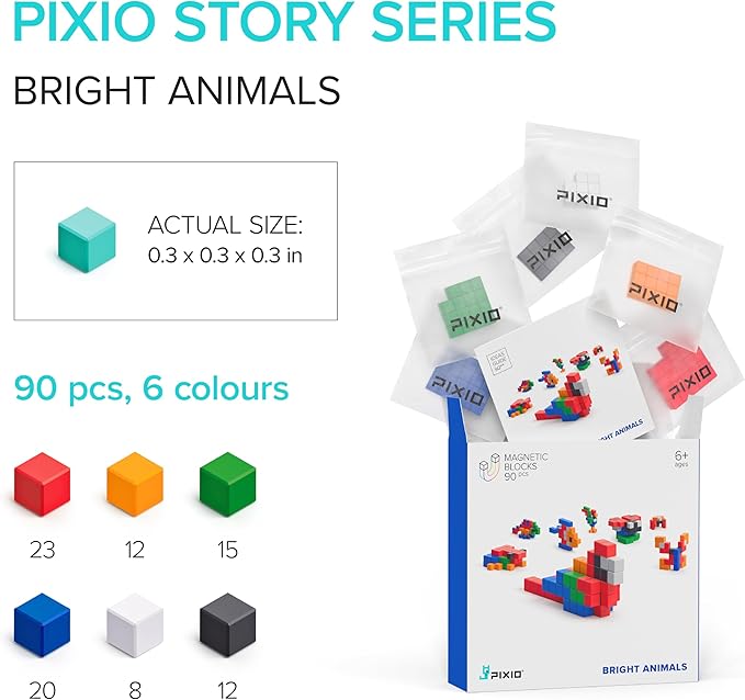 PIXIO Bright Animals - Magnetic Building Blocks for Kids Over 6 Years Pixel Art STEM Magnet Toys for Kids Ages 8-12 Portable Magnetic Blocks for Creativity