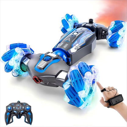 4WD Stunt Car 2.4 GHz Gesture Sensor RC Cars Double-Sided Vehicle 360° Flip RC Twist Buggy with Music Spray - Best Christmas and Birthday Present for Boys and Girls Aged 6-12 (Blue)