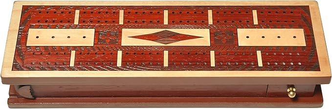 PALM ROYAL HANDICRAFTS - 2 Track Wooden Cribbage Board Set Inlaid in Blood Wood/Maple Wood Storage Available for Pegs and Cards