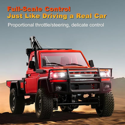 RC Crawler 1:12 Scale MN82 New Upgrades MN82-T RC Crane Truck 4WD LC79 Land Cruiser Rock Crawler with Lights Speed Adjustment Crane Tires All Terrain Wrecker for Teens Adults(Red)