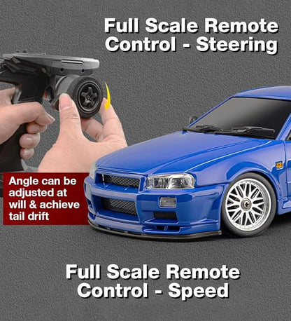 LD1899 1/18 Scale RC Drift Car GTR R34 2.4GHz RWD Mini Model Car with Gyro Alloy Body Shell Racing Cars for Adults Toys (Silver-Blue)
