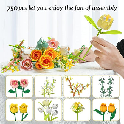 Tulip Rose Flowers Bouquet Building Set - Valentines Gifts Compatible with Lego Flowers Botanical Collection - Christmas Mother's Day &amp Valentine's Gifts for Women &amp Girls Home Decor