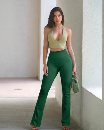 OQQ Women's 2 Piece Yoga Pants Ribbed Seamless Workout High Waist Bell Bottoms Flare Leggings