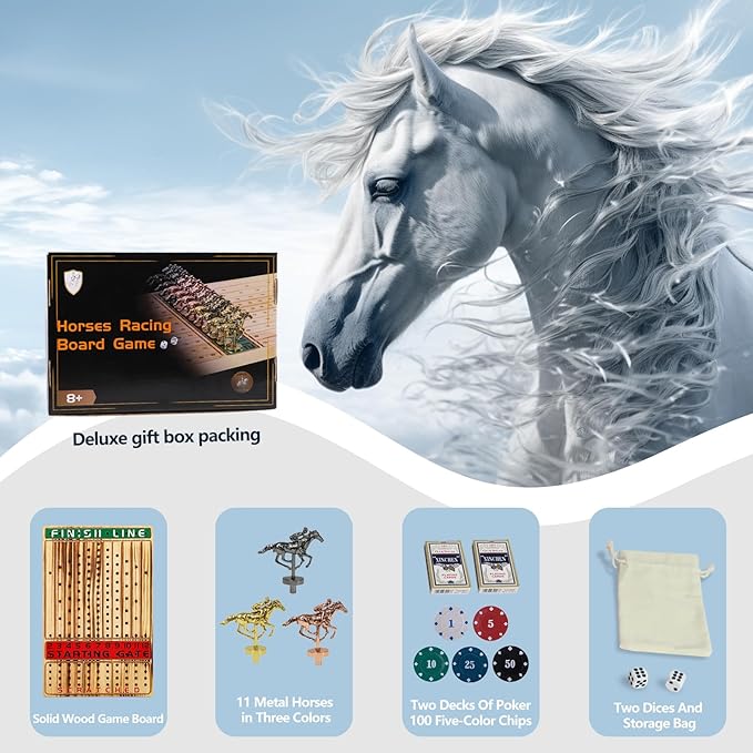 Horse Racing Board Game Thickened Solid Wood Finish Line Horse Race Game with 11 Metal Horses with 2 Sets of Dice2 Boxes of Cards and 100 Poker Chips for Parties and Gambling