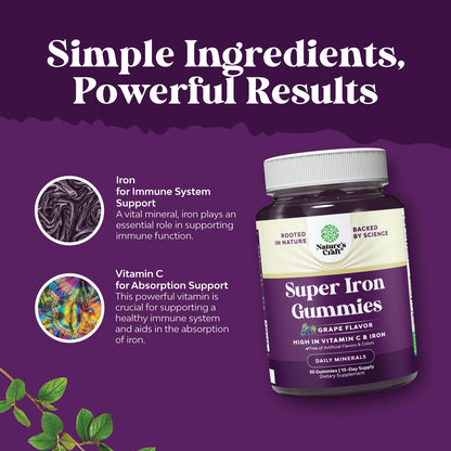 Extra Strength Iron Supplement Gummies for Women & Men - Chewable Iron with Vitamin C & B Complex for Energy, Blood Builder & Immune Support - Increase Red Blood Cells Supplement - 30 Count
