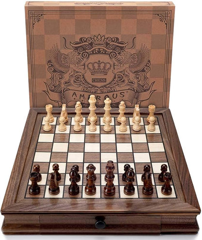 AMEROUS Magnetic Wooden Chess Set 12.8 x 12.8 Walnut Chess Board Game with 2 Built-in Storage Drawers - 2 Bonus Extra Queens - Chess for Beginner Kids and Adults Gift Packaging