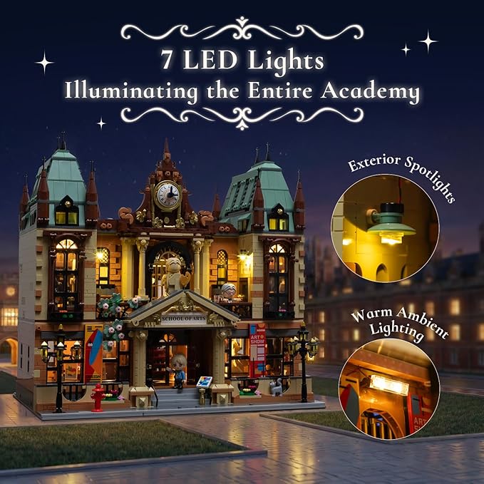 PANTASY Art School Building Set with Lights European Style Modular Street Architecture 3-Level Detailed Interior LED Lighting System Collectible Display Building for Adults