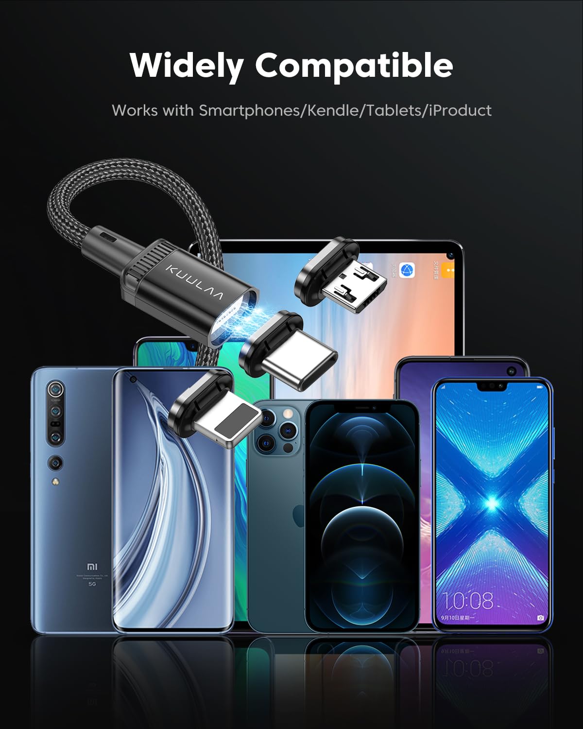 Kuulaa 3Pack Magnetic Charging Cable Magnetic Lightning Cable Magnetic Phone Charger 3A Fast Charging with 3 in 1 Charging Tips Nylon-Braided Phone Cable Compatible for All Device