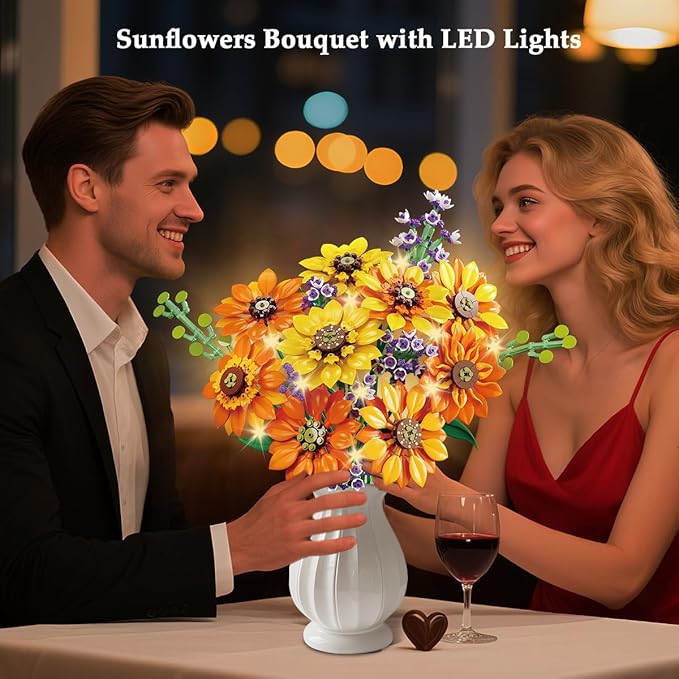 Flowers Sunflower Bouquet Building Set with Lights - 17 Flowers Botanical Collection Artificial Plant Sunflower Building Blocks Art Home Decor Easter Gifts for Adults Women Girl (1011PCS)
