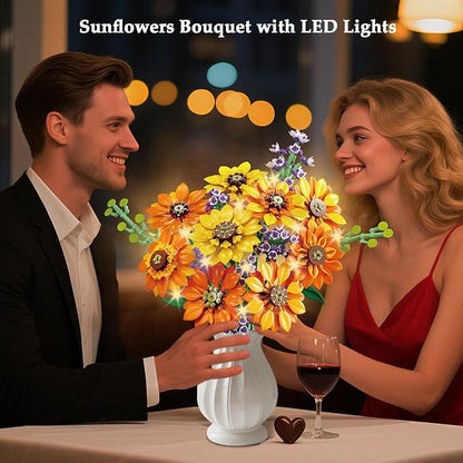 Flowers Sunflower Bouquet Building Set with Lights - 17 Flowers Botanical Collection Artificial Plant Sunflower Building Blocks Art Home Decor Easter Gifts for Adults Women Girl (1011PCS)