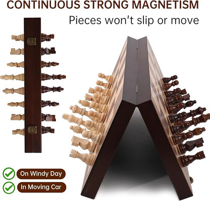 Magnetic Wooden Chess Set 15'' Folding Chess Board Portable Travel Chess Set Games with Chessboard Bag Beginner Chess Set for Tournament Professional Beginner