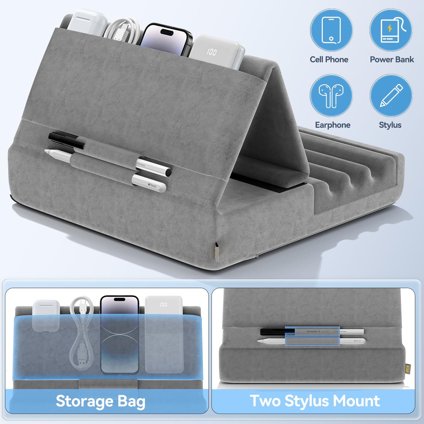 KDD Tablet Pillow Holder, Foldable iPad Stand for Lap, Bed and Desk -Tablet Soft Pad Dock with Pocket & Stylus Mount Compatible with iPad Pro 12.9, 10.5, 9.7 Air Mini 6 5 4 3, Galaxy Tab, E-Reader
