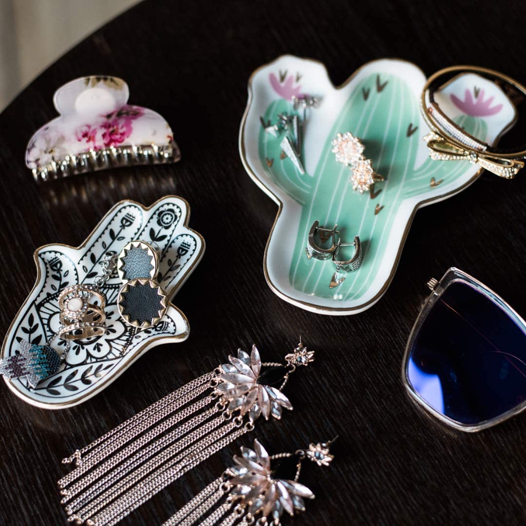 MADE BY LUCKY Jewelry Trinket Ring Dish Ceramic Hamsa Evil Eye Hand of Fatima Holder Key Ashtary Trinket Plate Bowl Small Boho Home Decorative Cute Decor Jewelry Tray Dish Gift Mom Brithday